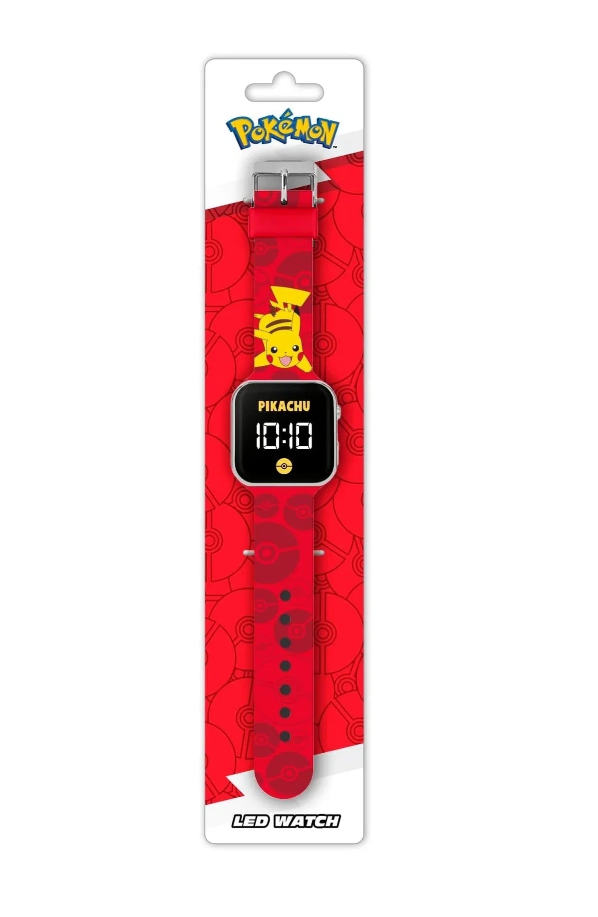 Pokémon Pikachu LED watch in official red retail packaging with printed strap and LED display in Ireland.