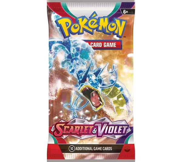 Pokémon Trading Card Game Scarlet and Violet booster pack showing a blue and gold illustrated creature, Pokémon logo at the top, Scarlet and Violet logo, 6 plus age mark, and 10 additional game cards text