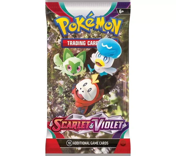 Pokémon Trading Card Game Scarlet and Violet booster pack featuring three small illustrated characters in green, blue, and red, Pokémon logo at the top, Scarlet and Violet logo, 6 plus age mark, and 10 additional game cards text