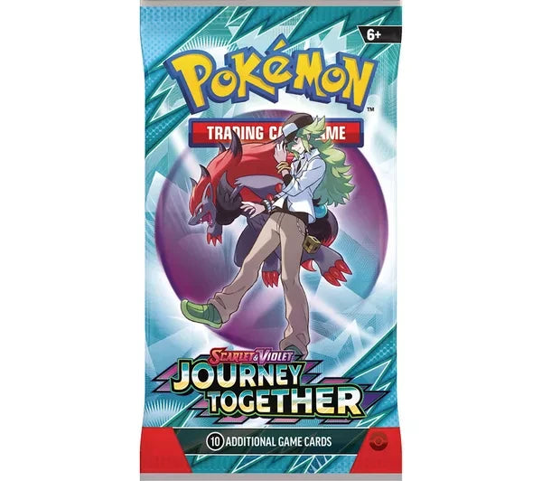 Pokémon Trading Card Game Scarlet and Violet Journey Together booster pack showing a trainer with a red and black creature, Pokémon logo, 10 additional game cards text, on a white background
