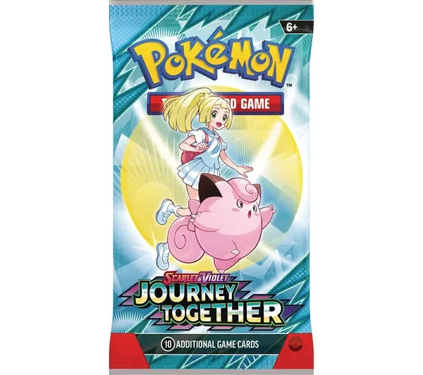 Pokémon Trading Card Game Scarlet and Violet Journey Together booster pack featuring a trainer riding a pink creature, Pokémon logo, 10 additional game cards text, on a white background