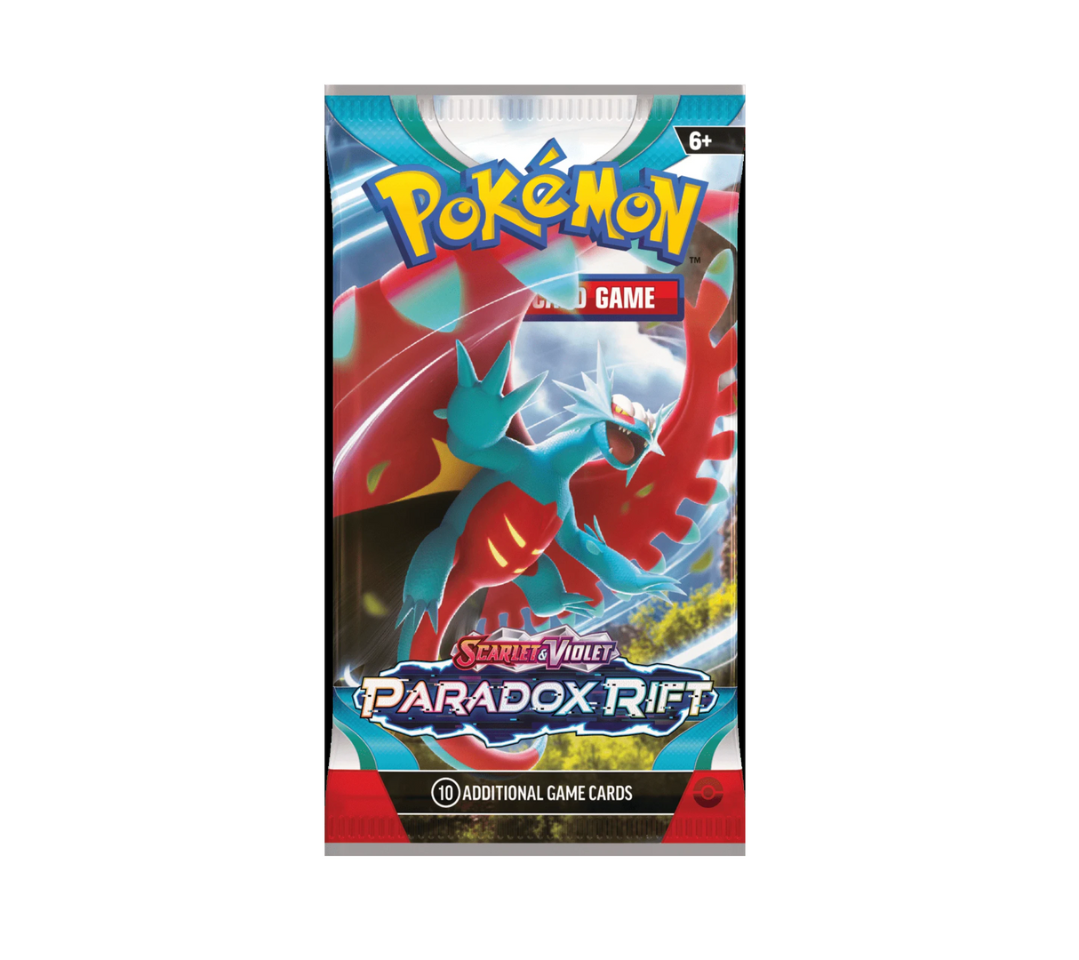 Pokémon TCG Scarlet & Violet Paradox Rift booster pack featuring dragon-style Pokémon artwork and 10 additional game cards