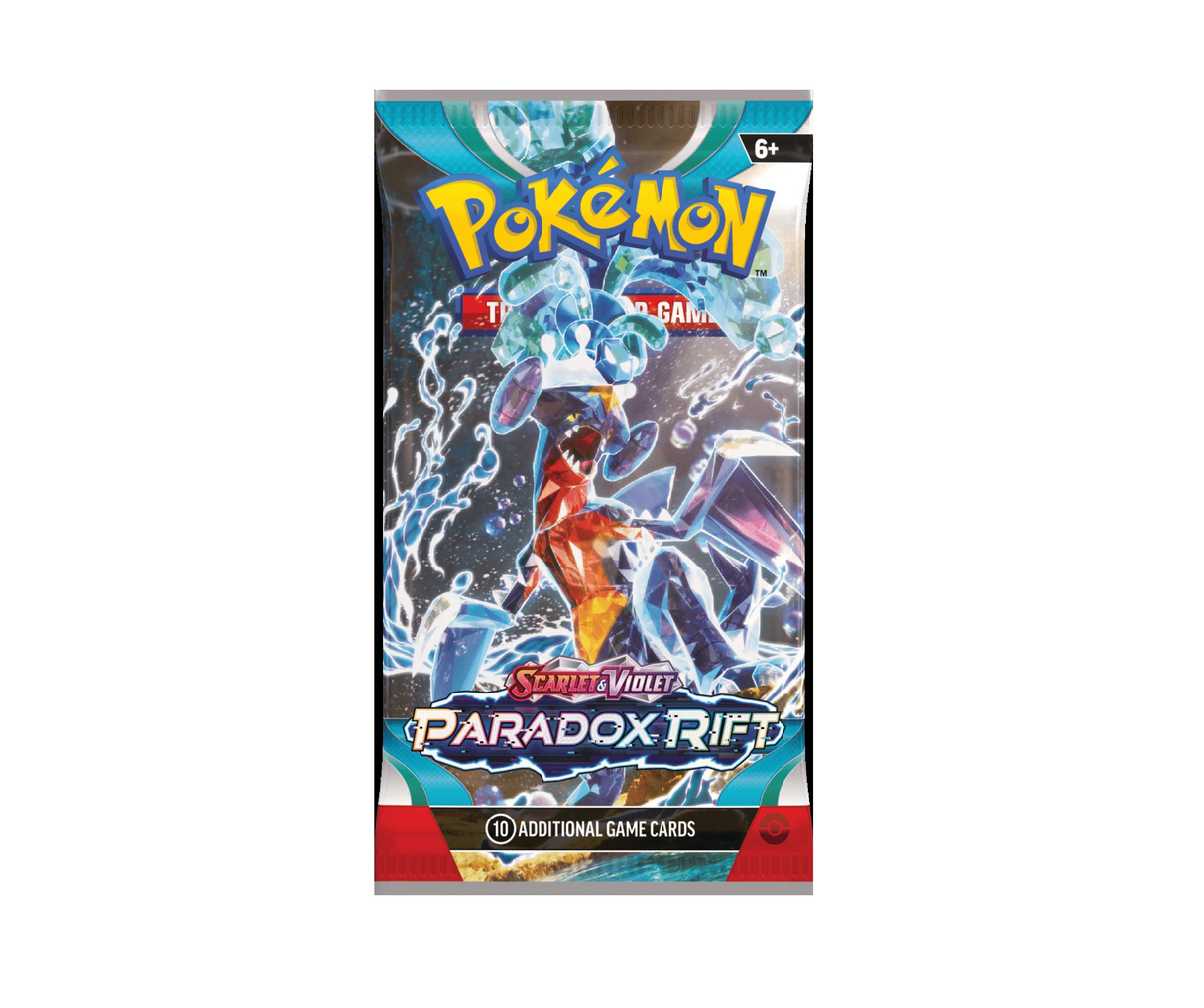 Pokémon TCG Scarlet & Violet Paradox Rift booster pack with lightning-themed Pokémon artwork and 10 additional game cards