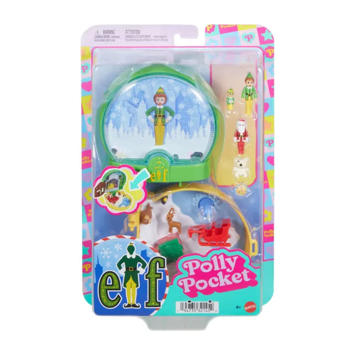 Polly Pocket Elf Compact retail packaging showing the snow globe compact, interior play scene and included micro figures