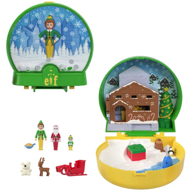 Polly Pocket Elf Compact showing the closed snow globe case with Buddy figure, plus the opened workshop scene and included micro figures and accessories