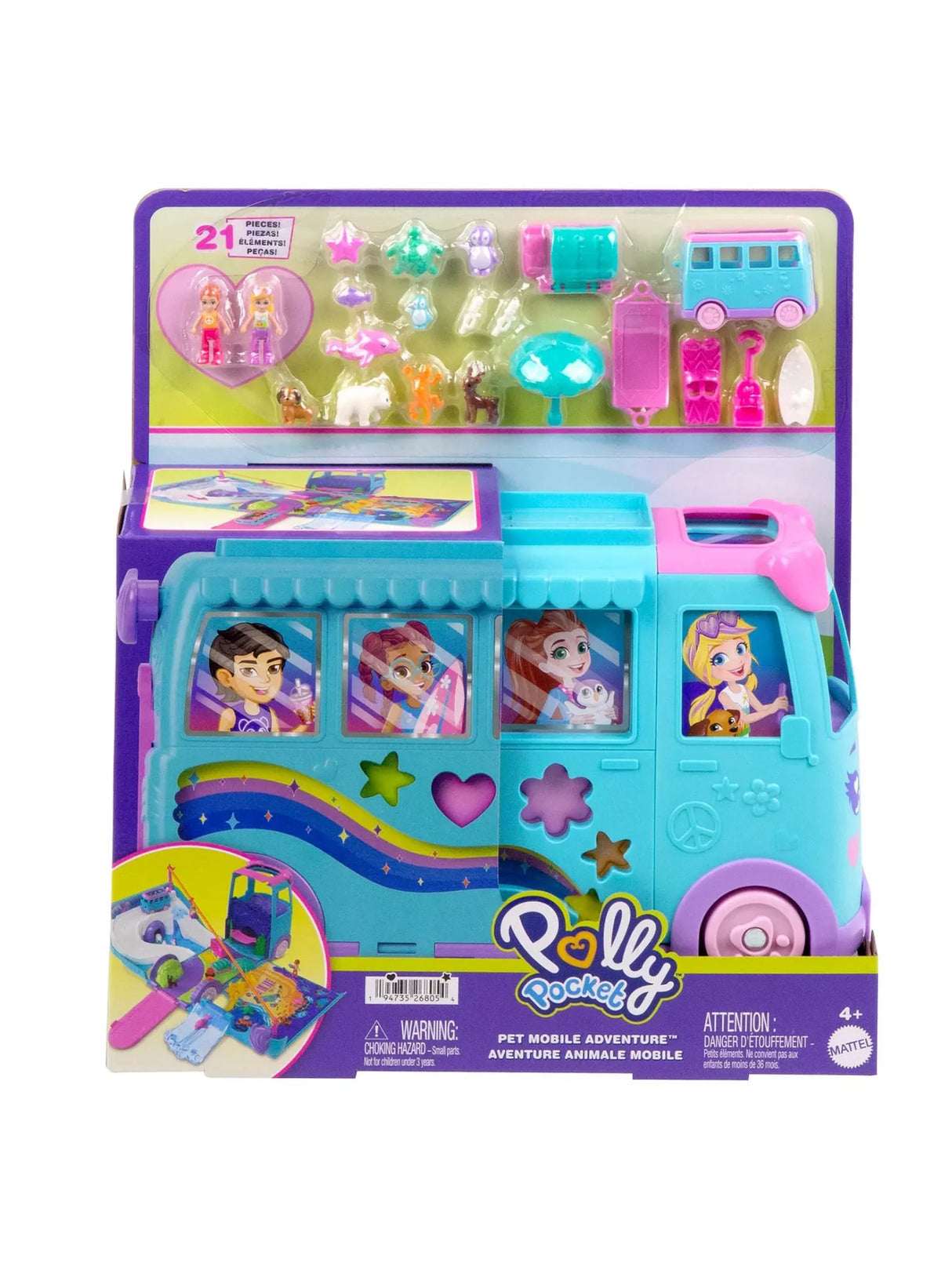 Polly Pocket Pet Mobile Adventure Playset in packaging with camper van, micro dolls, and 21 fun accessories