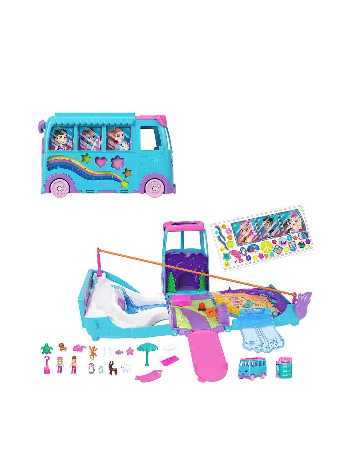 Polly Pocket Pet Mobile Adventure Playset opened into camper van world with ski slope, surf zone, and sticker sheet