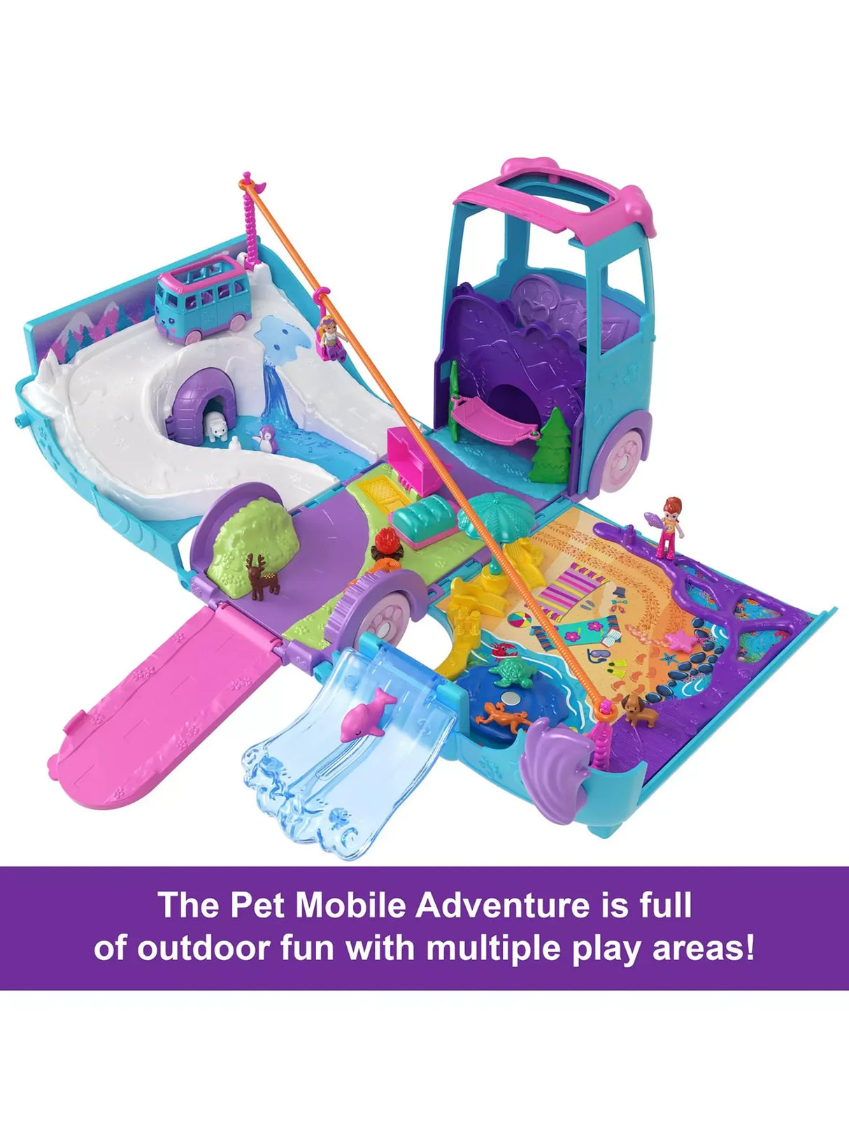 Polly Pocket Pet Mobile Adventure Playset showing detailed outdoor scene with slide, igloo, and animal figures