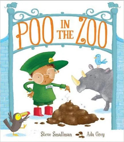 Bright cartoon cover of Poo in the Zoo book with zookeeper Bob and animals in Ireland