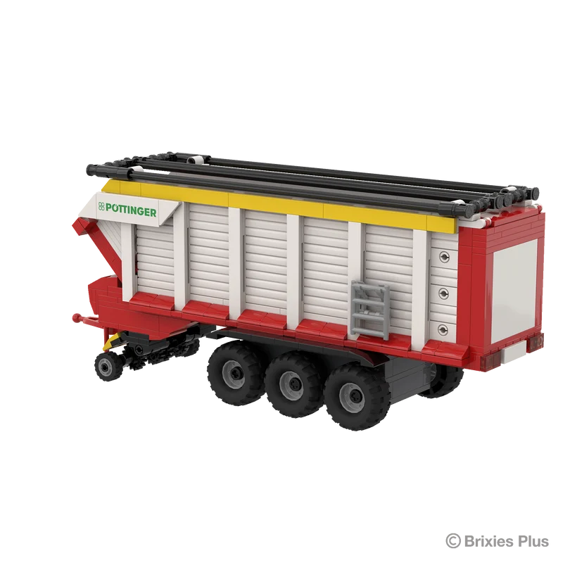 BRIXIES Plus Pöttinger Jumbo viewed from the rear side showing the ladder, red rear panel, triple axle running gear and Pöttinger branding
