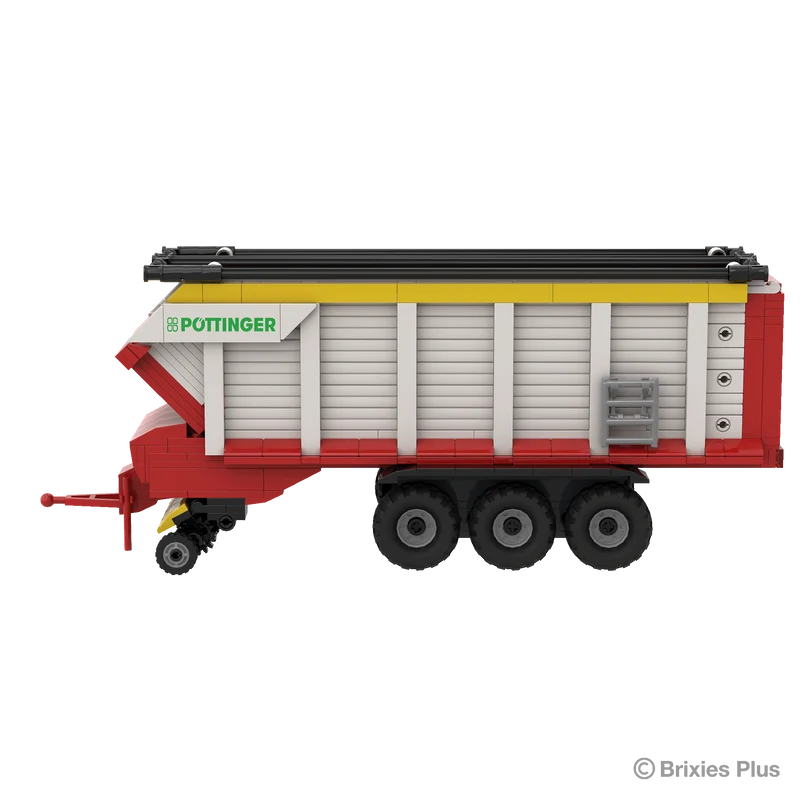 BRIXIES Plus Pöttinger Jumbo in side profile with the drawbar extending to the left, Pöttinger logo, grey body panels and three axles visible