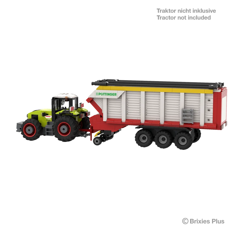 BRIXIES Plus Pöttinger Jumbo loader wagon connected to a CLAAS tractor for display, with the tractor marked as not included