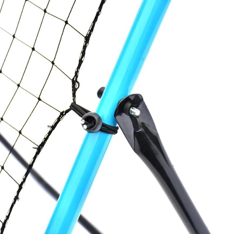 Close up of black netting attached to a blue rebounder frame with clips and elastic cords