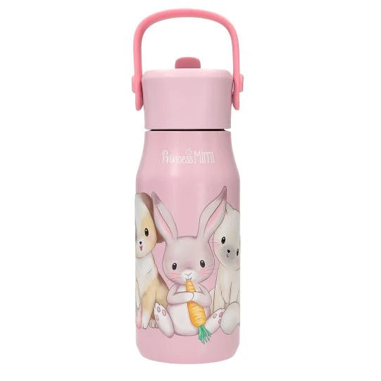 Princess Mimi pink drinking bottle front view with carry handle, bunny and puppy artwork