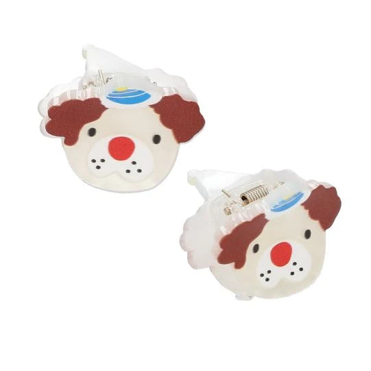 Princess Mimi hair clip with a white face, brown ears, red nose and blue hat, shown from the front and side.