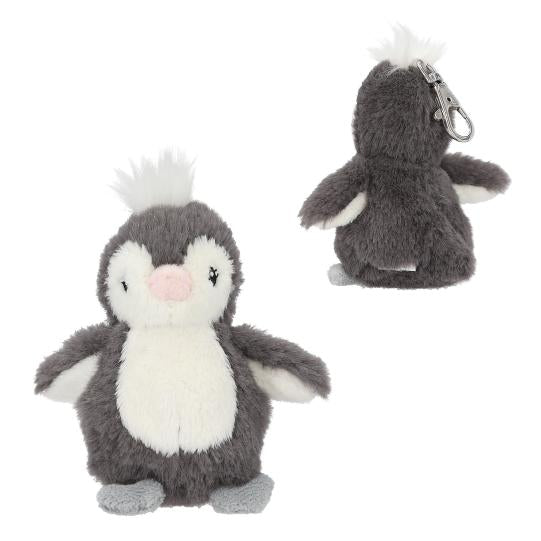 Dark grey Princess Mimi Plush Baby Penguin Pendant shown from the front and back with a white tummy, grey feet and silver coloured metal clasp.