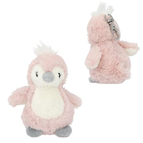 Light pink Princess Mimi Plush Baby Penguin Pendant shown from the front and side with a white tummy Mimi Plush Baby Penguin, grey beak and silver coloured metal clasp.