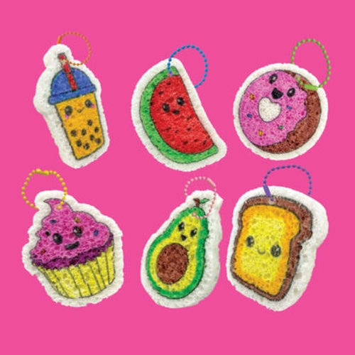 Puffy Art Foodies six finished food keychains including bubble tea, watermelon, donut, cupcake, avocado and toast