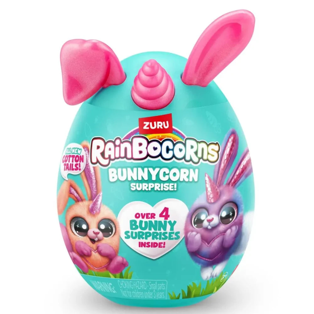 Teal Rainbocorns Bunnycorn Surprise egg with pink bunny ears and pink unicorn horn showing Bunnycorn characters and “Over 4 Bunny Surprises Inside” text on front