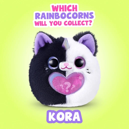 Black and white Rainbocorns Kora plush with pink heart detail