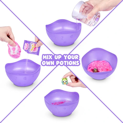 Hands mixing pink potion powder with water in a purple bowl