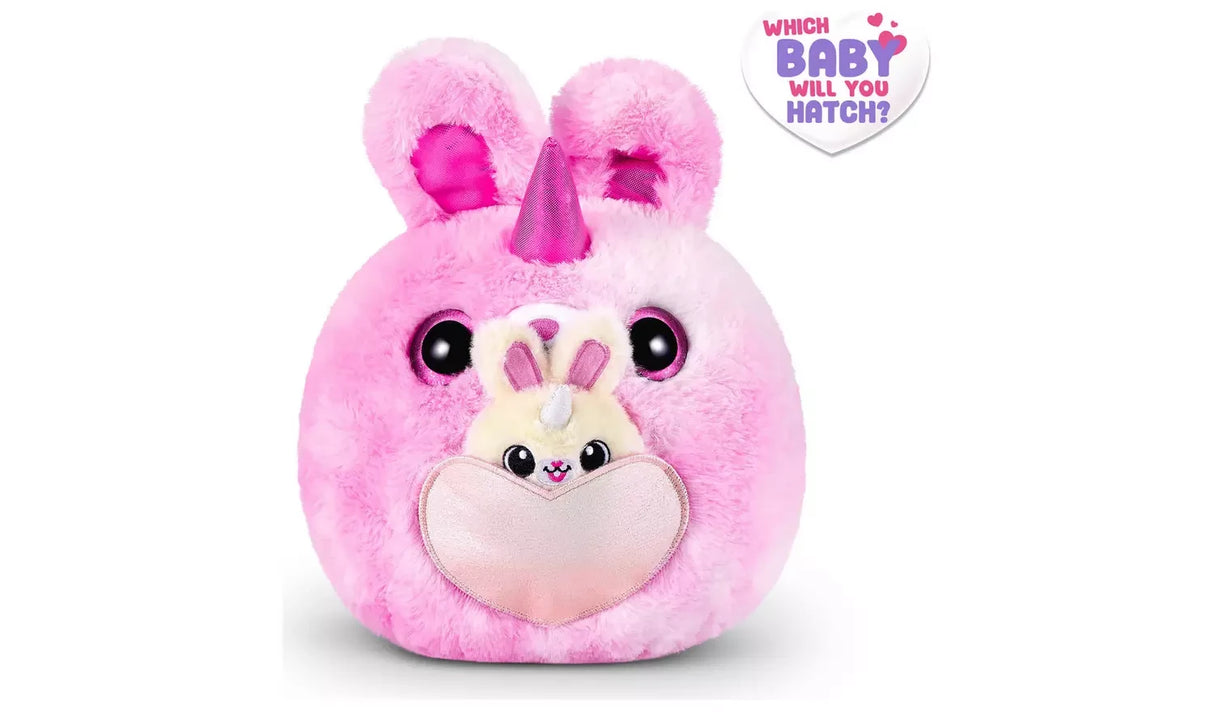 Rainbocorns Mamacorn Surprise pink plush Mamacorn close up with bunny ears, horn and baby figure visible inside heart pouch
