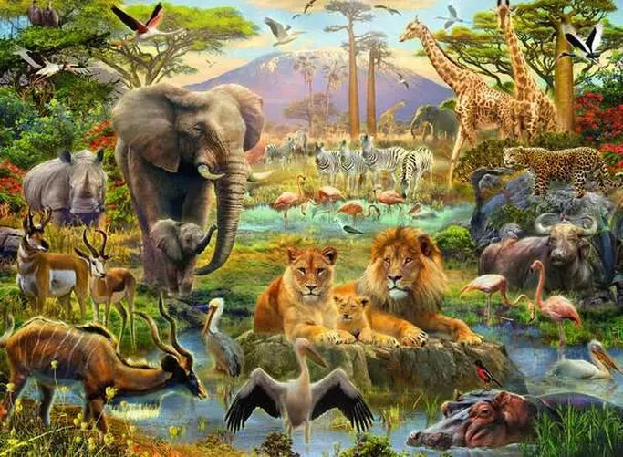 African savanna scene with lions in the foreground, elephant, giraffes, antelope, hippo, birds and a distant mountain