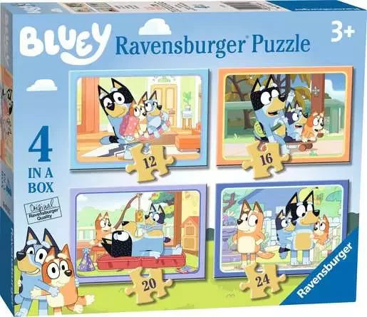 Bluey 4 in a Box Ravensburger puzzle box showing four illustrated Bluey scenes
