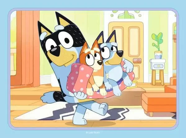 Bluey carrying Bingo while Bandit smiles in the living room Ravensburger puzzle image