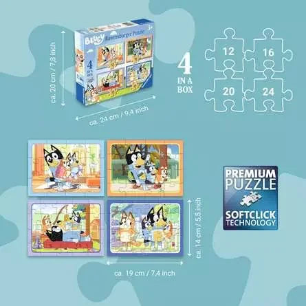 Rear of Ravensburger Bluey 4 in a Box puzzle box showing specifications and contents