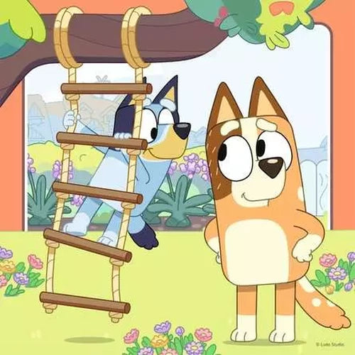 Ravensburger Bluey jigsaw scene with Bluey and Bingo beside a garden ladder