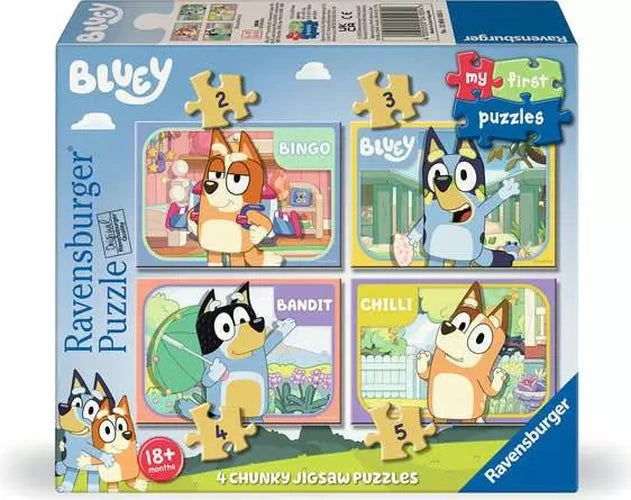 Ravensburger Bluey My First Puzzles 4 in a Box packaging showing the 2, 3, 4 and 5 piece jigsaws