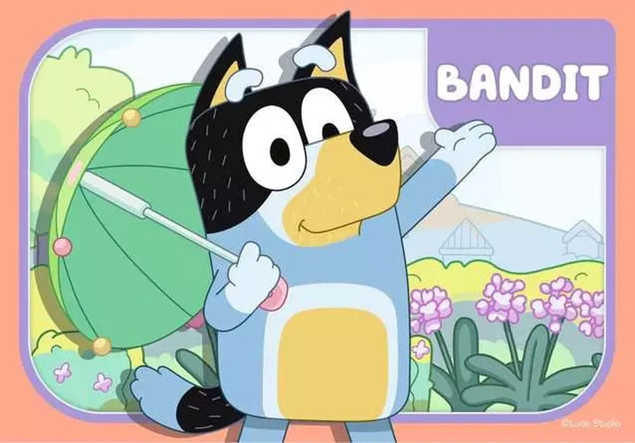 Ravensburger Bluey My First Puzzle featuring Bandit carrying a green play tent