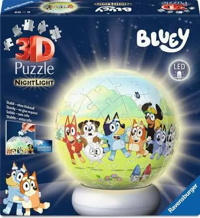 Ravensburger Bluey 3D Puzzle Night Light retail box showing the completed illuminated puzzle ball