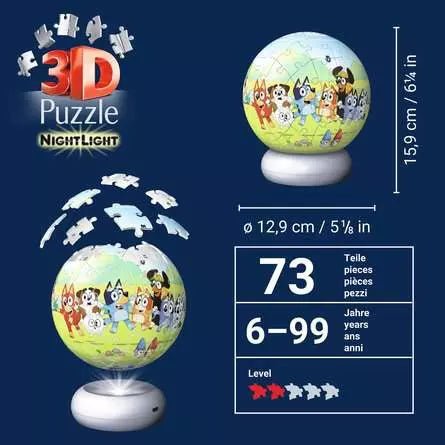 Ravensburger Bluey 3D Puzzle Night Light size and assembly graphic showing the completed puzzle ball on its illuminated base
