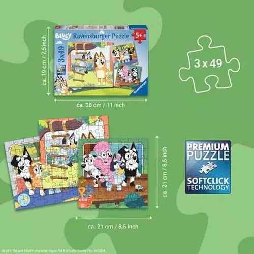 Ravensburger Bluey 3 x 49 piece jigsaw set size guide showing the three included designs