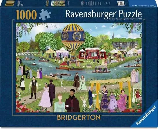 Ravensburger Bridgerton 1000 piece jigsaw puzzle box featuring the garden scene with striped hot air balloon and lakeside gathering