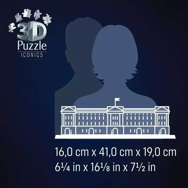 Ravensburger Buckingham Palace 3D Puzzle size graphic showing finished dimensions of 41 × 16 × 19 cm