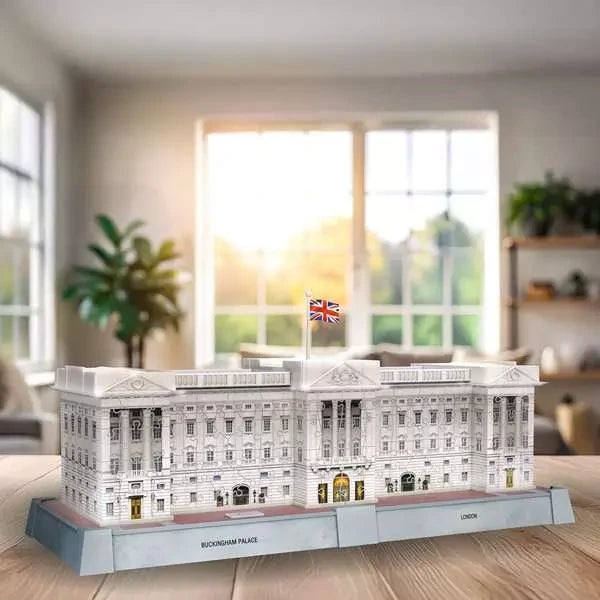 Ravensburger Buckingham Palace Light Up 3D Puzzle completed model displayed on a table in a room setting