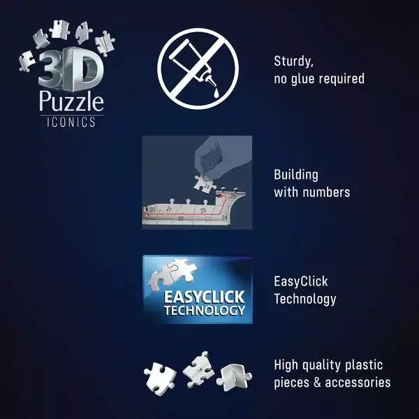 Ravensburger Buckingham Palace 3D Puzzle feature graphic showing numbered assembly, EasyClick technology and no glue required