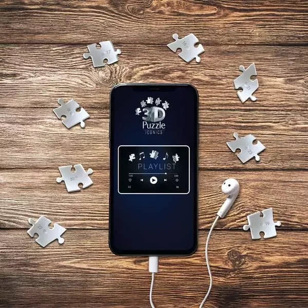 Ravensburger 3D Puzzle Iconics playlist graphic showing a smartphone surrounded by numbered puzzle pieces