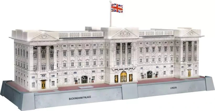 Ravensburger Buckingham Palace Light Up 3D Puzzle completed model with Union Jack flag and illuminated front entrance