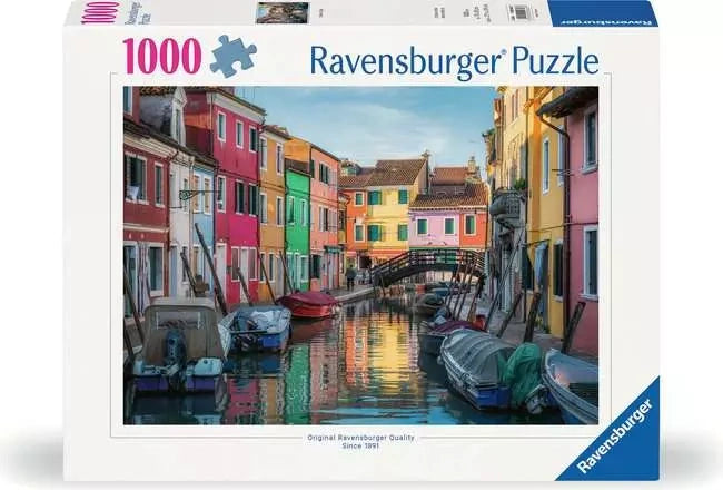 Ravensburger Burano Italy 1000 piece jigsaw puzzle box featuring colourful houses, boats and reflections along the canal