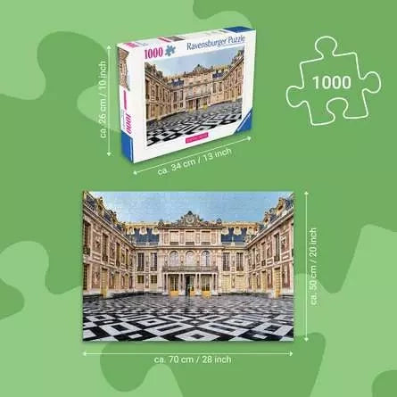 Ravensburger Château de Versailles 1000 piece puzzle size guide showing the box and completed 70 × 50 cm puzzle dimensions