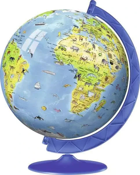 Ravensburger Children’s World Map 3D Puzzle completed globe with illustrated countries, animals and blue support stand
