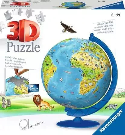 Ravensburger Children’s World Map 3D Puzzle retail box showing the completed illustrated globe on its blue stand
