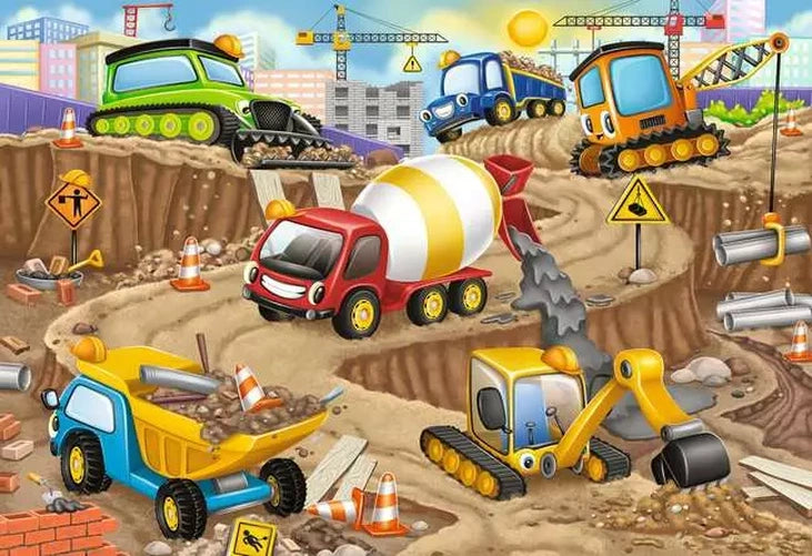 Ravensburger Construction Fun puzzle scene showing colourful construction vehicles, road signs, cranes and building work