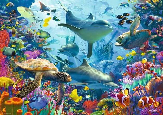 Underwater puzzle artwork with dolphins, turtles, tropical fish, and bright coral
