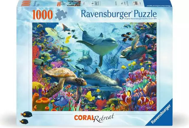 Front of the Ravensburger Coral Reef Retreat 1000 piece jigsaw puzzle box