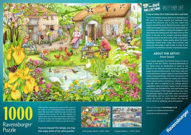 Ravensburger Cosy Café No 3 Valley Cafe Farm 1000 piece jigsaw puzzle box back showing the full countryside café image and product information
